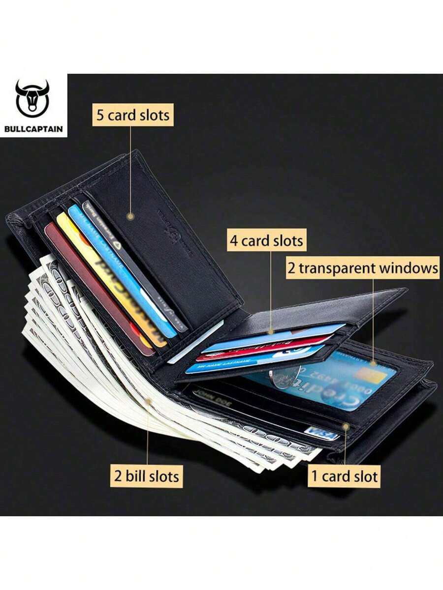 Men’s Genuine Leather RFID Blocking Short Wallet – Bull Head Pattern, Three-Fold with Multiple Card Slots, Large Capacity Gift for Men