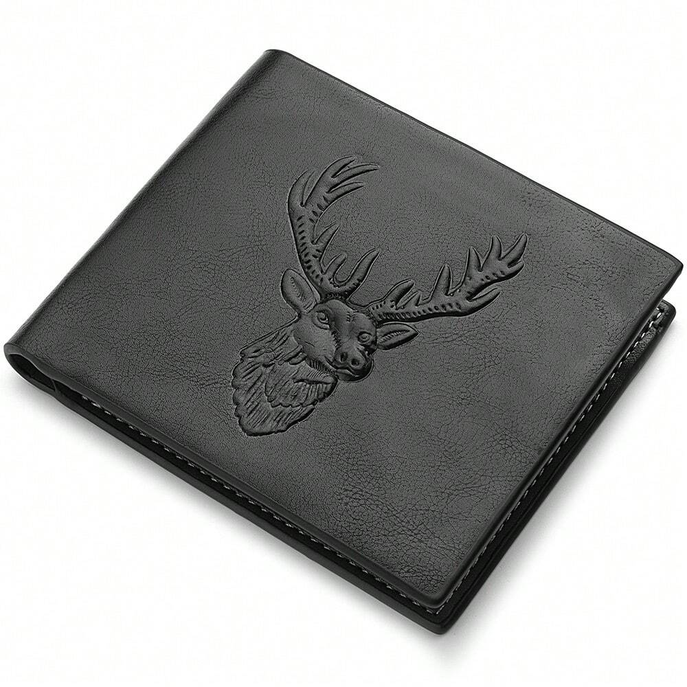 Men’s Vintage PU Leather Short Wallet with Reindeer Pattern – Multi-Function Credit Card Holder, Mini & Compact, Perfect Gift for Men