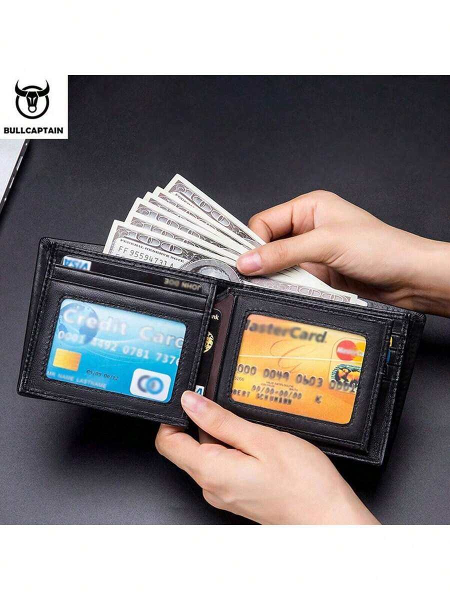 Men’s Genuine Leather RFID Blocking Short Wallet – Bull Head Pattern, Three-Fold with Multiple Card Slots, Large Capacity Gift for Men