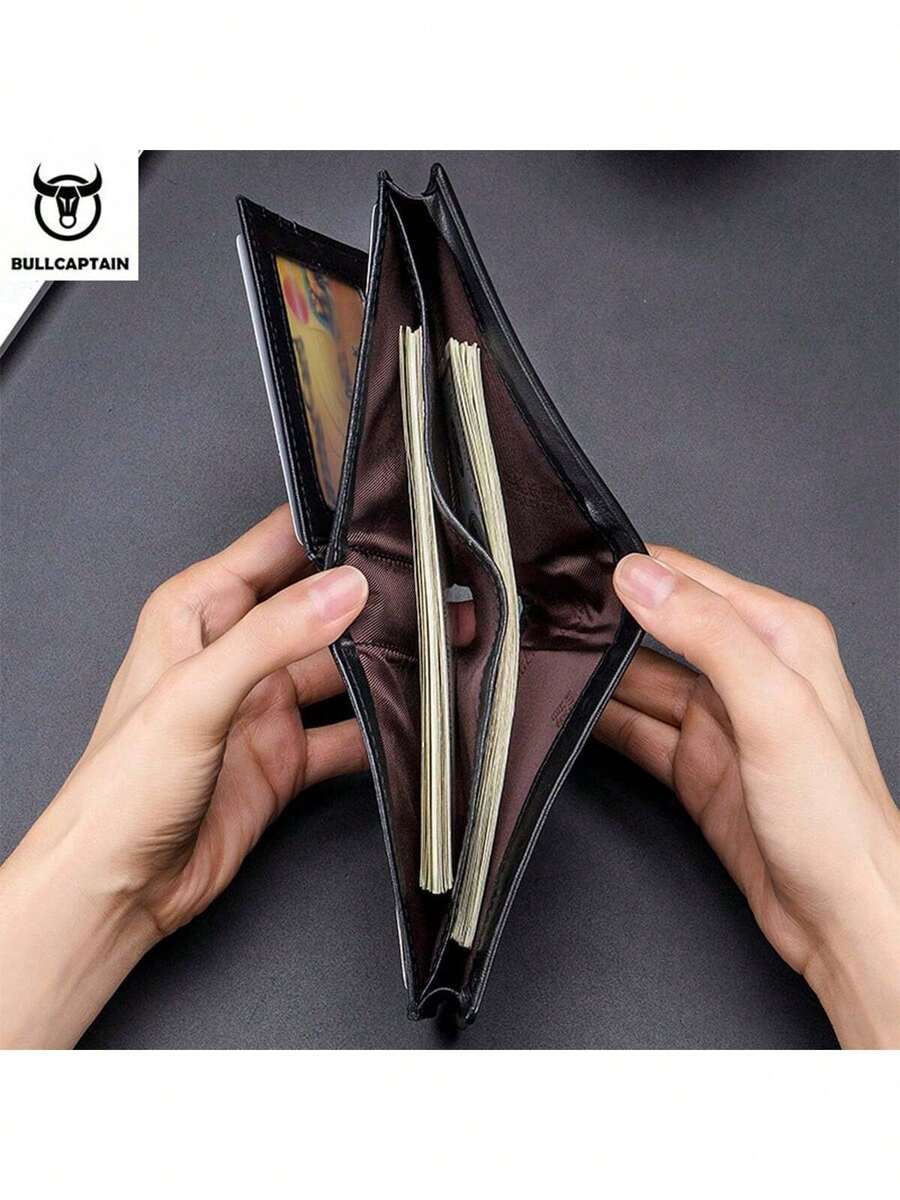Men’s Genuine Leather RFID Blocking Short Wallet – Bull Head Pattern, Three-Fold with Multiple Card Slots, Large Capacity Gift for Men