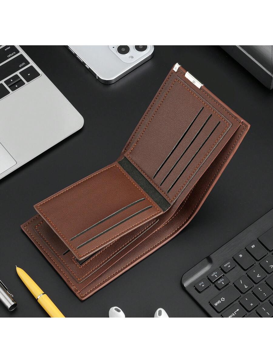 Litchi Embossed Small Wallet with Metal Decor – Portable Credit Card & Cash Holder for Men & Women, Perfect Gift for Business & Special Occasions