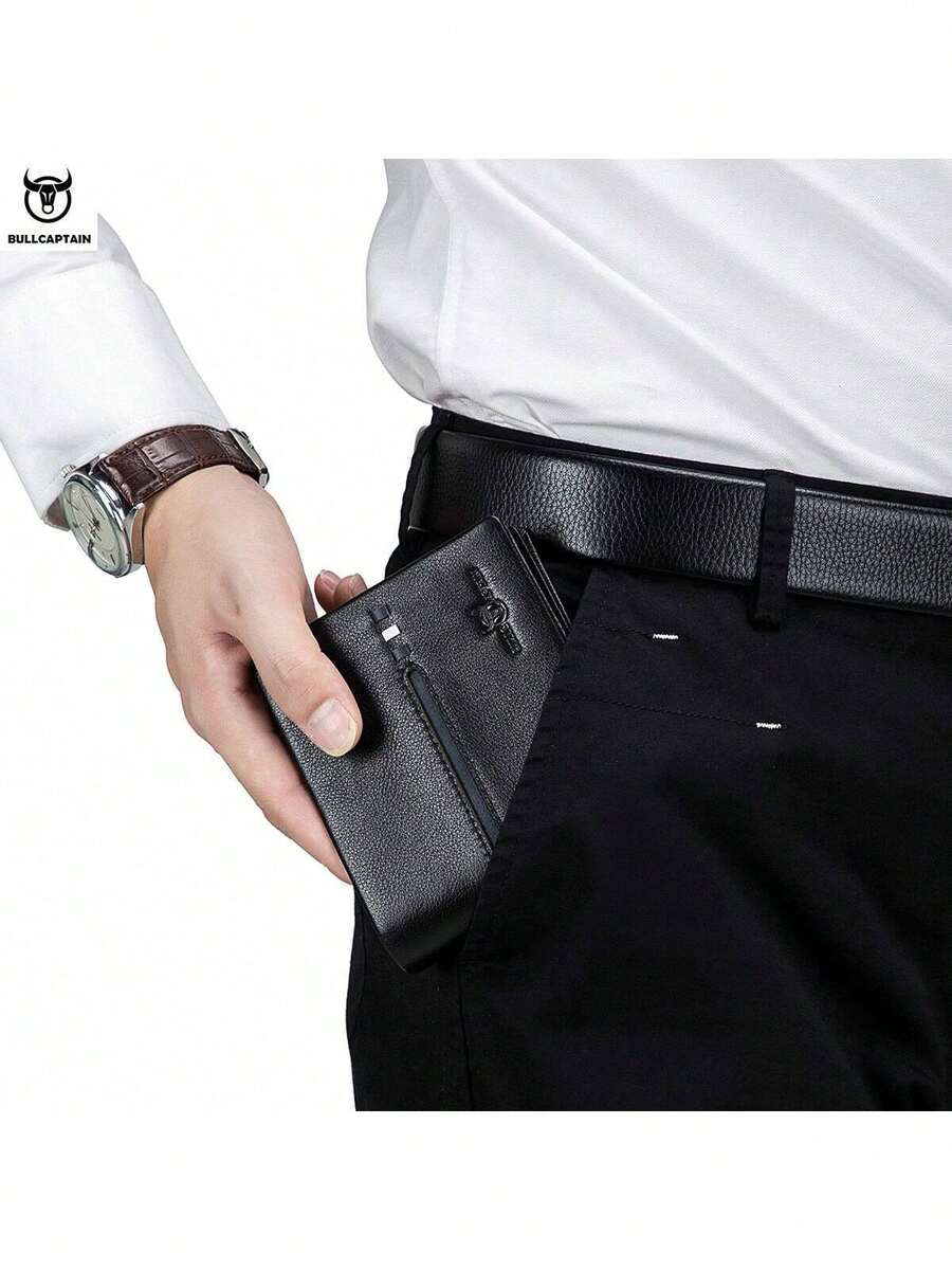 Men’s Genuine Leather RFID Blocking Short Wallet – Bull Head Pattern, Three-Fold with Multiple Card Slots, Large Capacity Gift for Men