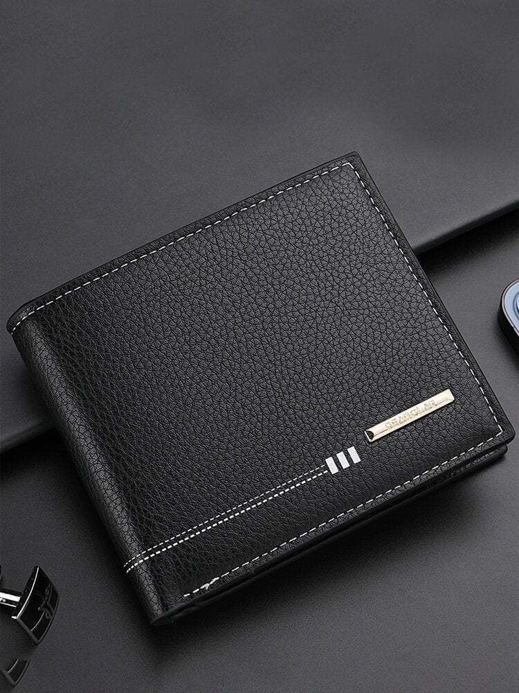 Men’s Litchi Embossed Small Wallet – Metal Decor, Thin Lightweight Bi-Fold with ID Window, Minimalist Fashion Gift for Men & Women