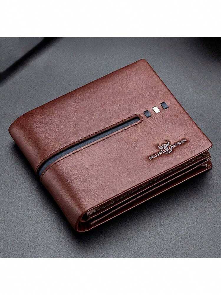 Men’s Genuine Leather RFID Blocking Short Wallet – Bull Head Pattern, Three-Fold with Multiple Card Slots, Large Capacity Gift for Men