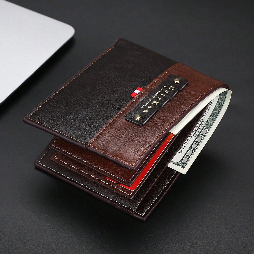 Men’s Retro Color-Block Short Wallet – Horizontal Design with Large Capacity Credit Card & ID Holder, Stylish Gift for Men
