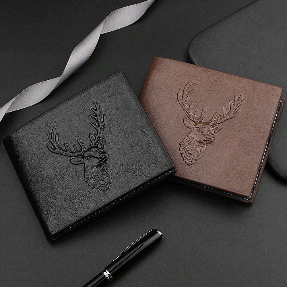 Men’s Vintage PU Leather Short Wallet with Reindeer Pattern – Multi-Function Credit Card Holder, Mini & Compact, Perfect Gift for Men