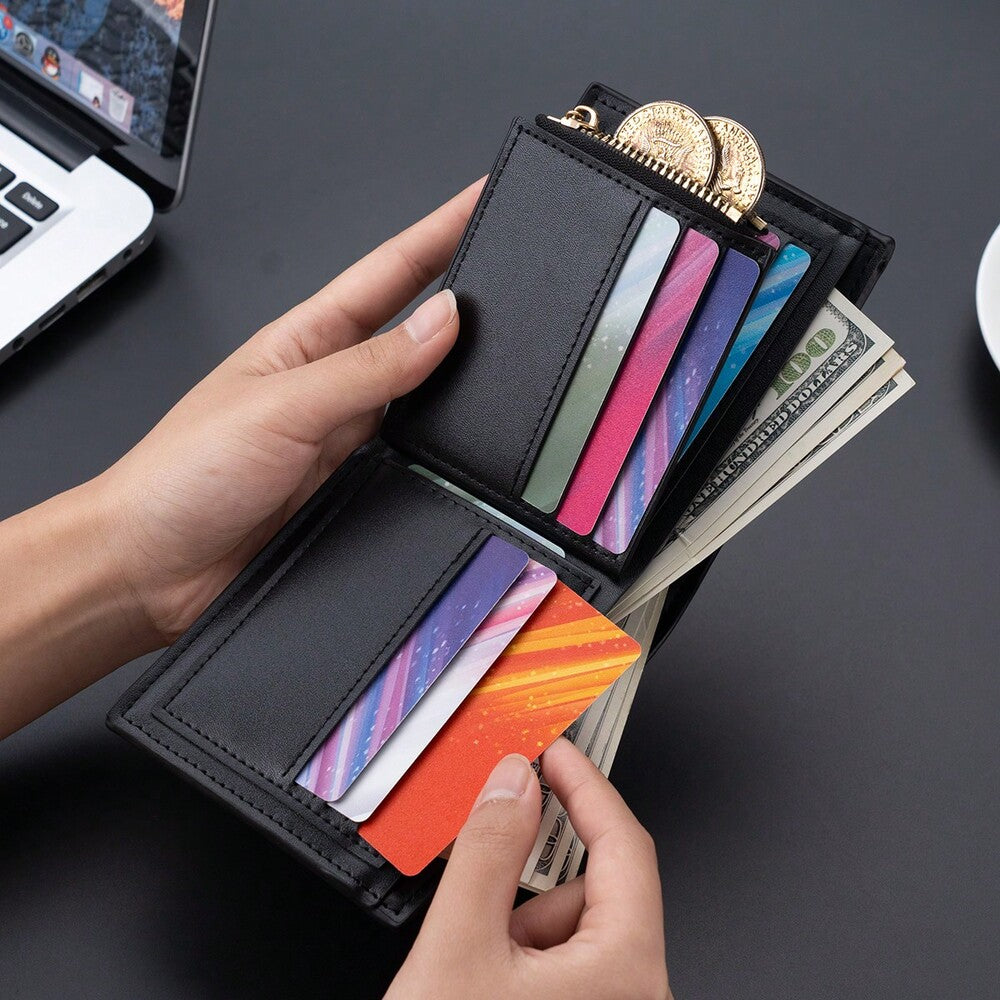 Men’s Short Black Business Wallet – Multifunctional Bi-Fold with Zippered Coin Pocket, Multiple Credit Card Slots, Durable & Stylish Design