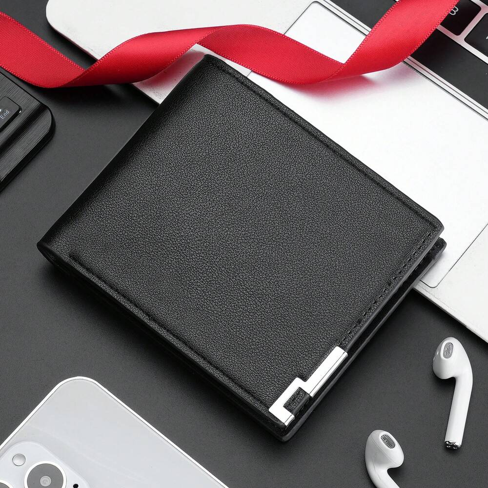 Litchi Embossed Small Wallet with Metal Decor – Portable Credit Card & Cash Holder for Men & Women, Perfect Gift for Business & Special Occasions