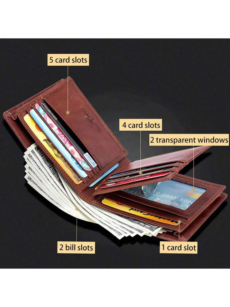 Men’s Genuine Leather RFID Blocking Short Wallet – Bull Head Pattern, Three-Fold with Multiple Card Slots, Large Capacity Gift for Men