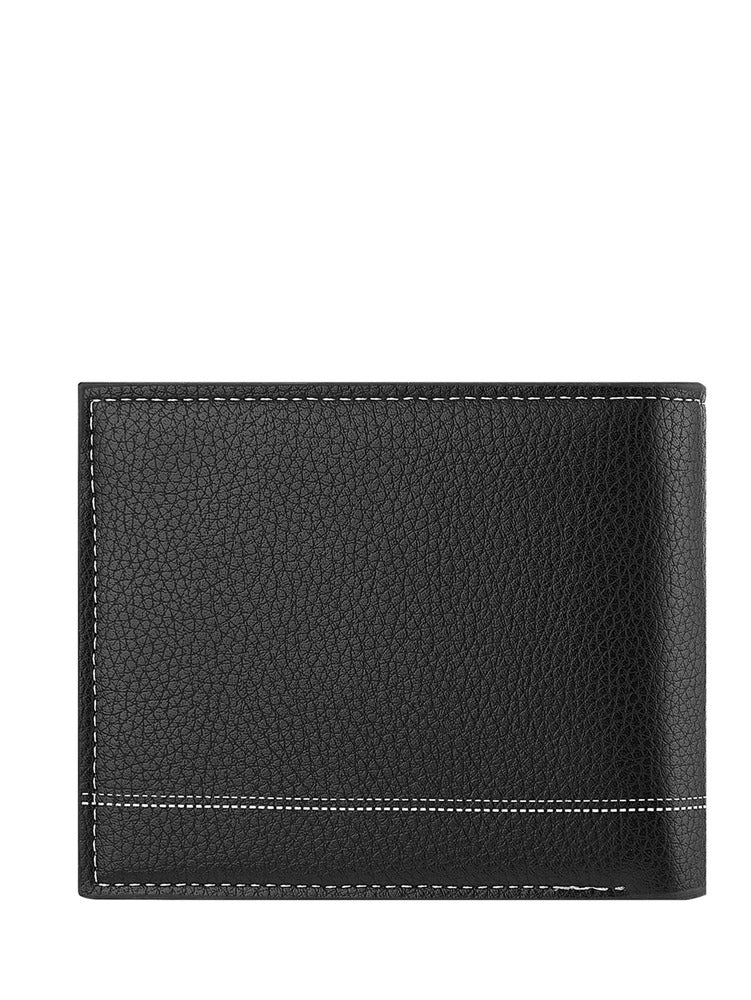 Men’s Litchi Embossed Small Wallet – Metal Decor, Thin Lightweight Bi-Fold with ID Window, Minimalist Fashion Gift for Men & Women
