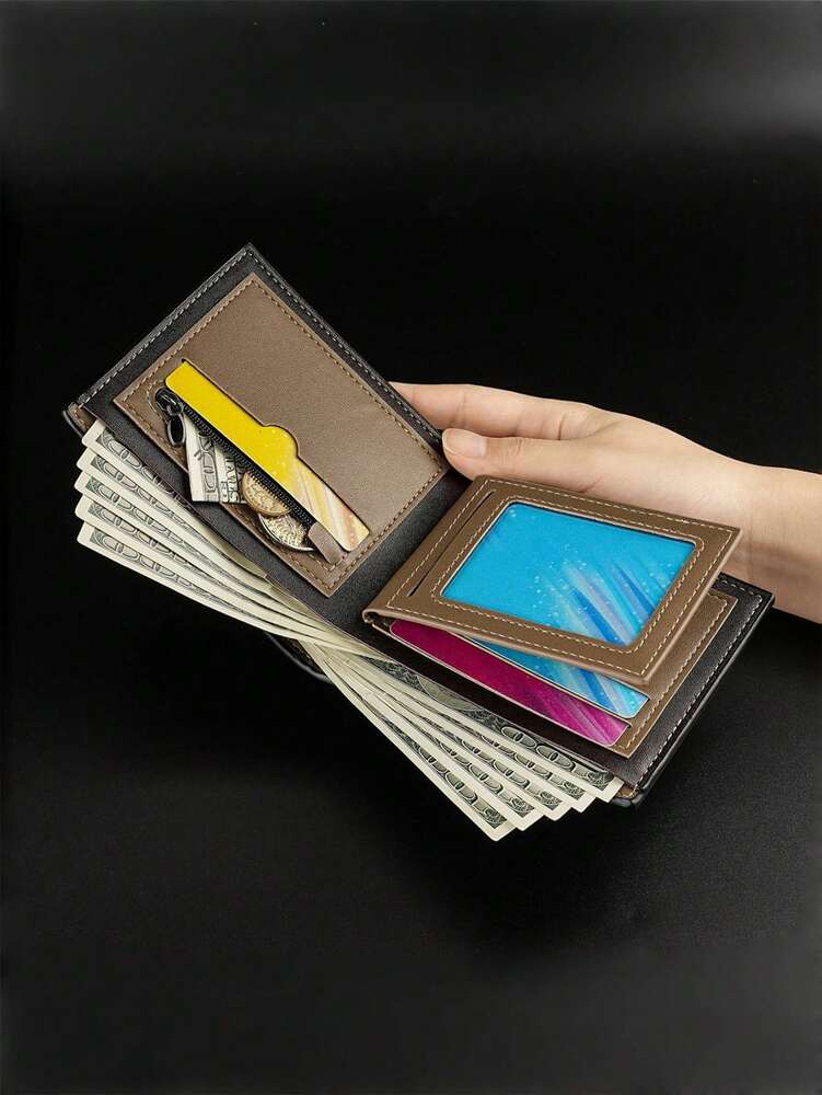 Men’s Short Multifunctional Bifold Business Wallet – Fashion Patchwork Design, PU Leather, Multi-Card Holder & Coin Purse, Stylish & Practical