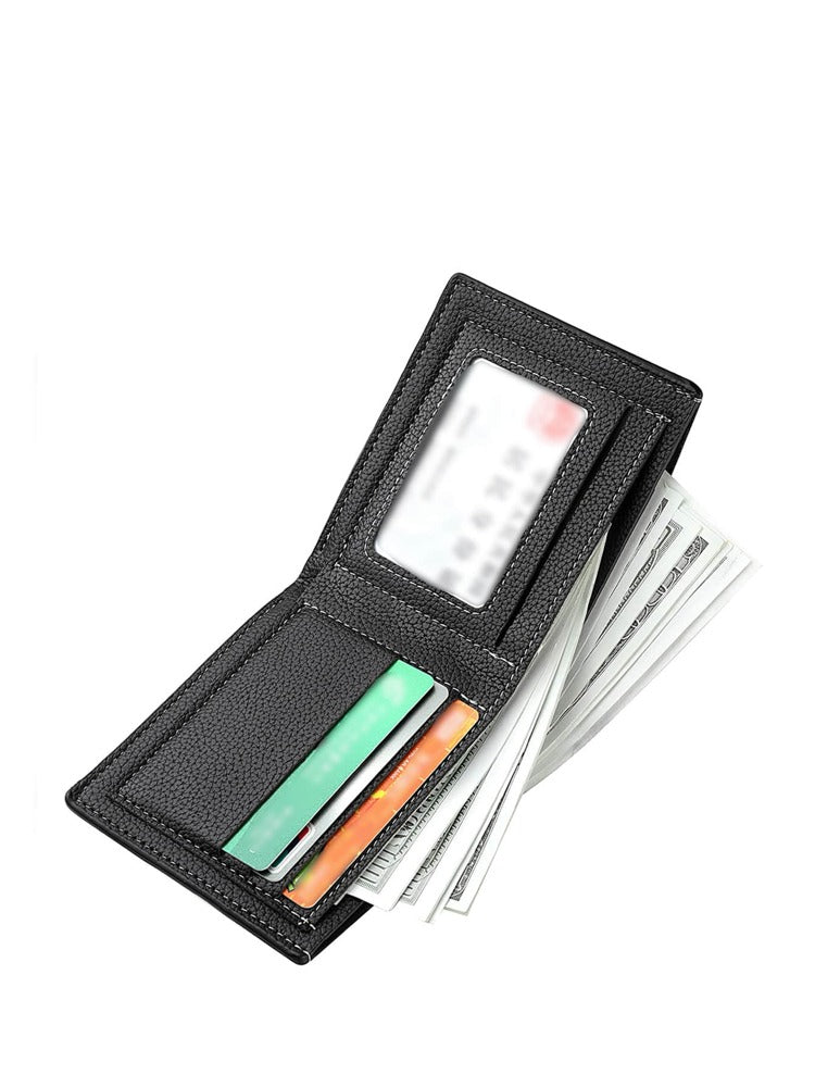Men’s Litchi Embossed Small Bi-Fold Wallet – Mini, Thin & Lightweight with ID Window, Multi-Layer Card Slots, Perfect Gift for Business & Special Occasions