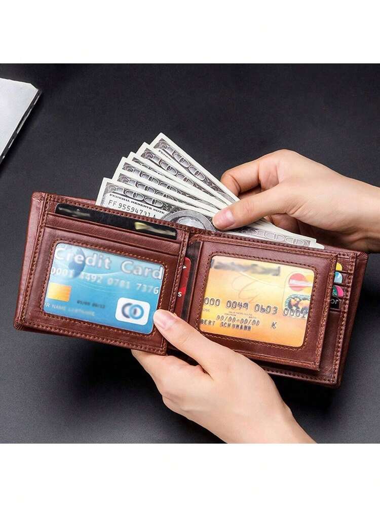 Men’s Genuine Leather RFID Blocking Short Wallet – Bull Head Pattern, Three-Fold with Multiple Card Slots, Large Capacity Gift for Men
