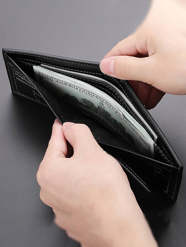Men’s Litchi Embossed Small Wallet – Metal Decor, Thin Lightweight Bi-Fold with ID Window, Minimalist Fashion Gift for Men & Women