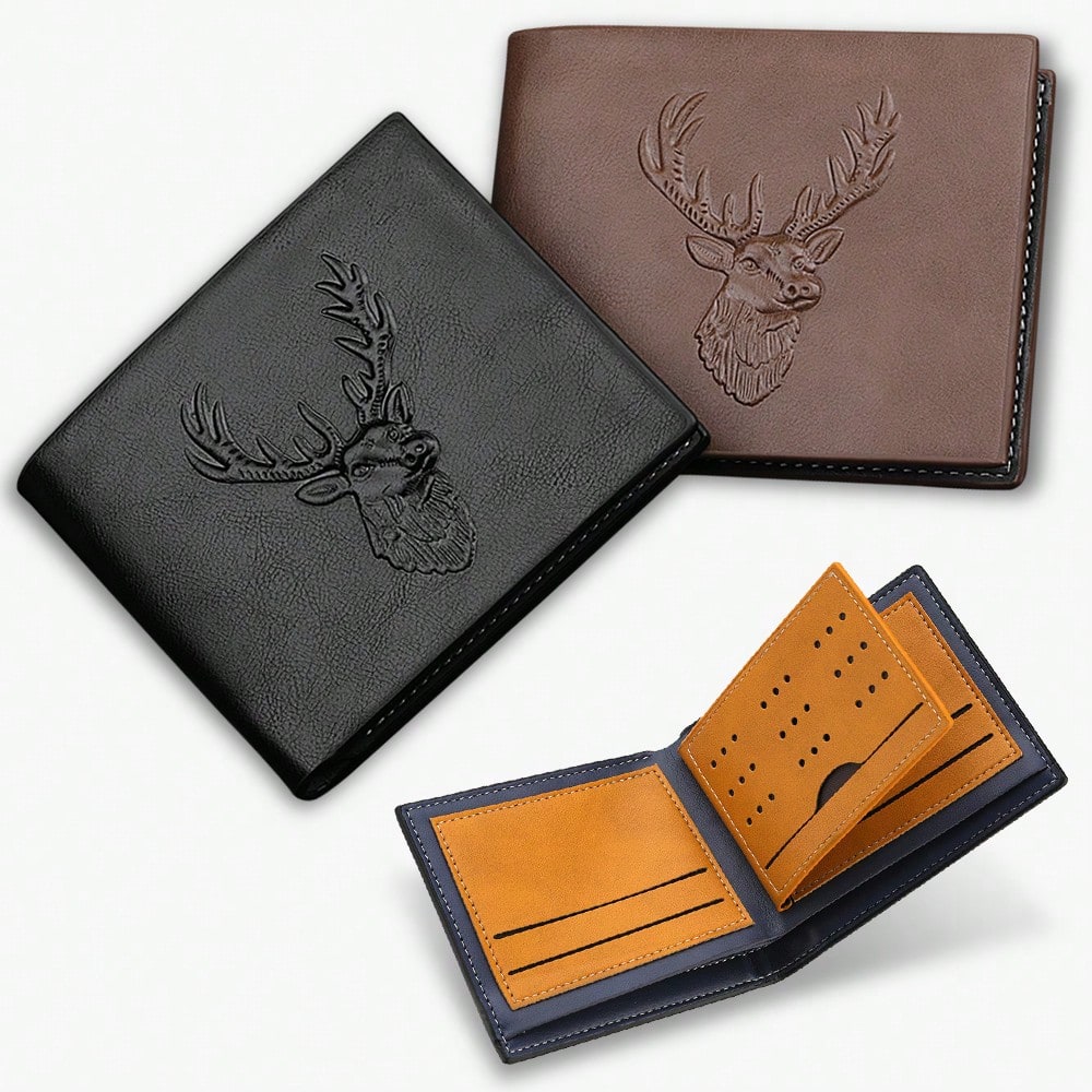 Men’s Vintage PU Leather Short Wallet with Reindeer Pattern – Multi-Function Credit Card Holder, Mini & Compact, Perfect Gift for Men