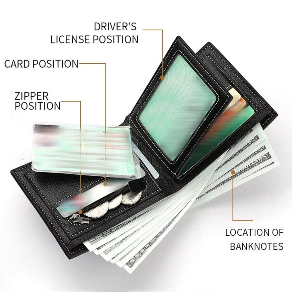 Men’s High-End Short PU Leather Wallet – Youth Lychee Pattern with Zippered Coin Pocket, Stylish Card Holder for Men