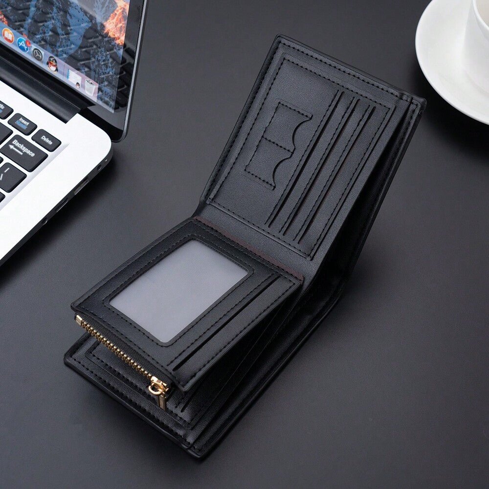 Men’s Short Black Business Wallet – Multifunctional Bi-Fold with Zippered Coin Pocket, Multiple Credit Card Slots, Durable & Stylish Design
