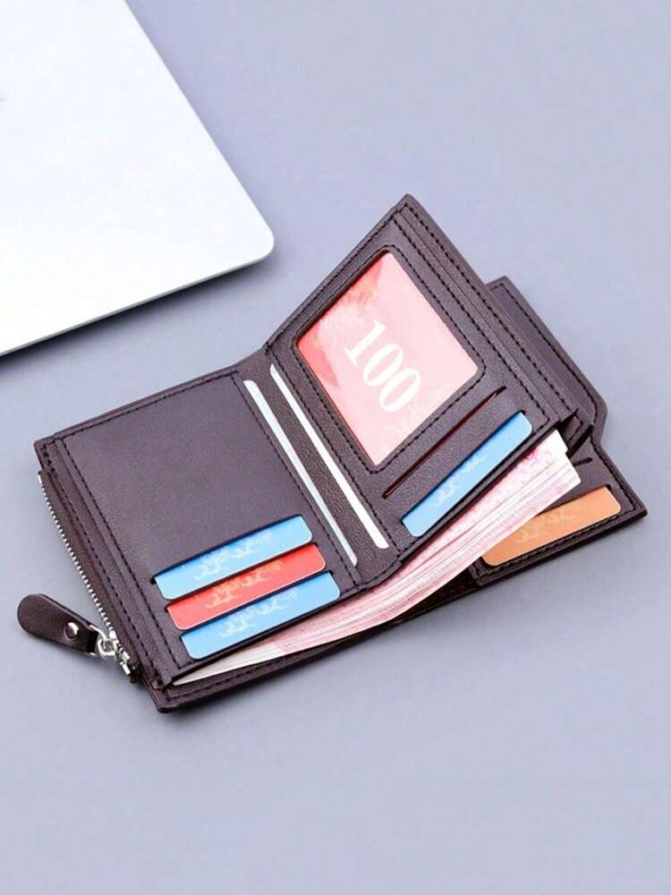 Men’s PU Leather Short Bifold Wallet – Solid Color, Multi-Functional with Coin Pouch, 13 Card Slots & Zipper Clutch, Perfect Gift & Mini Wallet