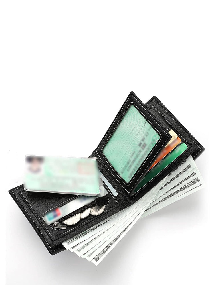Men’s Litchi Embossed Small Wallet – Metal Decor, Thin Lightweight Bi-Fold with ID Window, Minimalist Fashion Gift for Men & Women
