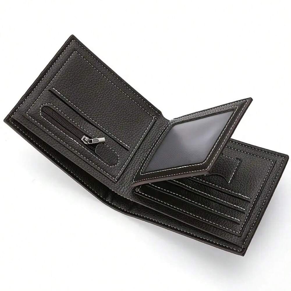 Men’s High-End Short PU Leather Wallet – Youth Lychee Pattern with Zippered Coin Pocket, Stylish Card Holder for Men