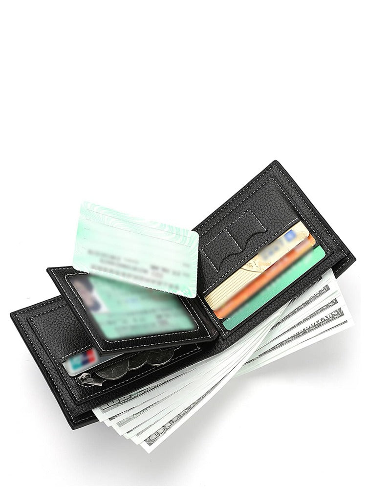 Men’s Litchi Embossed Small Wallet – Metal Decor, Thin Lightweight Bi-Fold with ID Window, Minimalist Fashion Gift for Men & Women