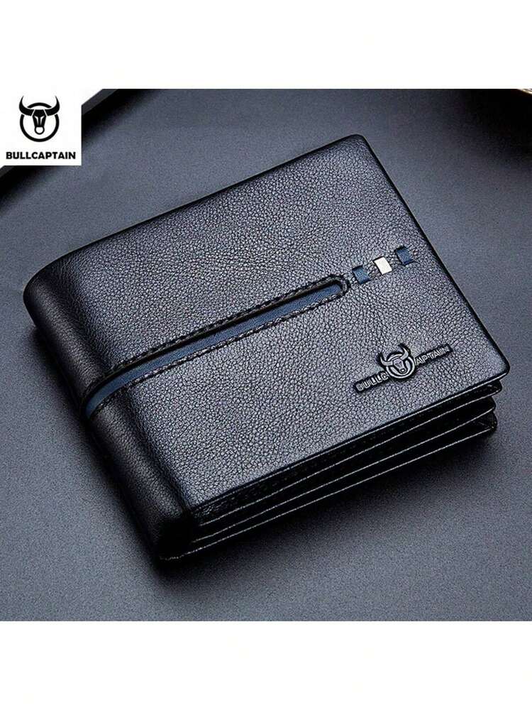 Men’s Genuine Leather RFID Blocking Short Wallet – Bull Head Pattern, Three-Fold with Multiple Card Slots, Large Capacity Gift for Men