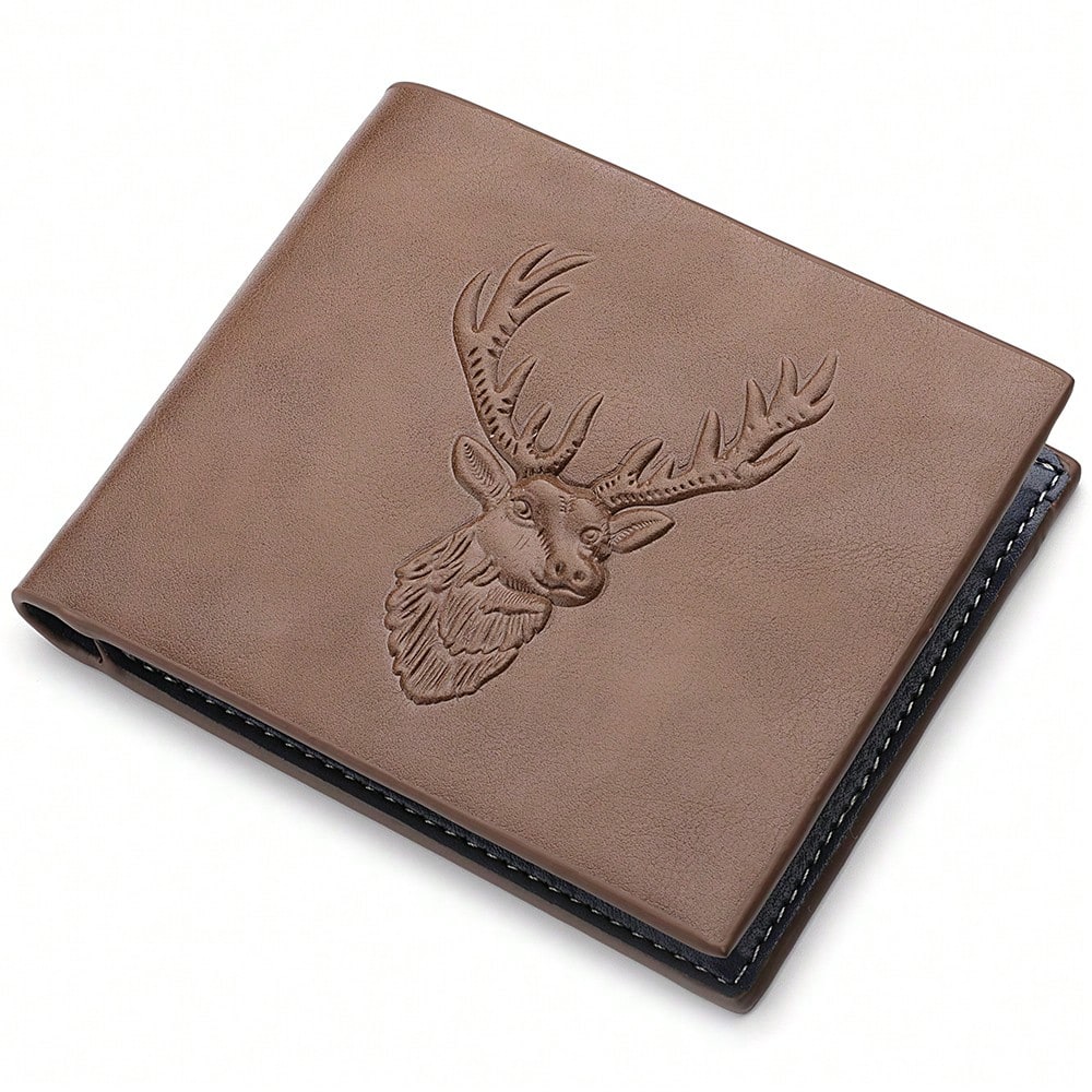 Men’s Vintage PU Leather Short Wallet with Reindeer Pattern – Multi-Function Credit Card Holder, Mini & Compact, Perfect Gift for Men